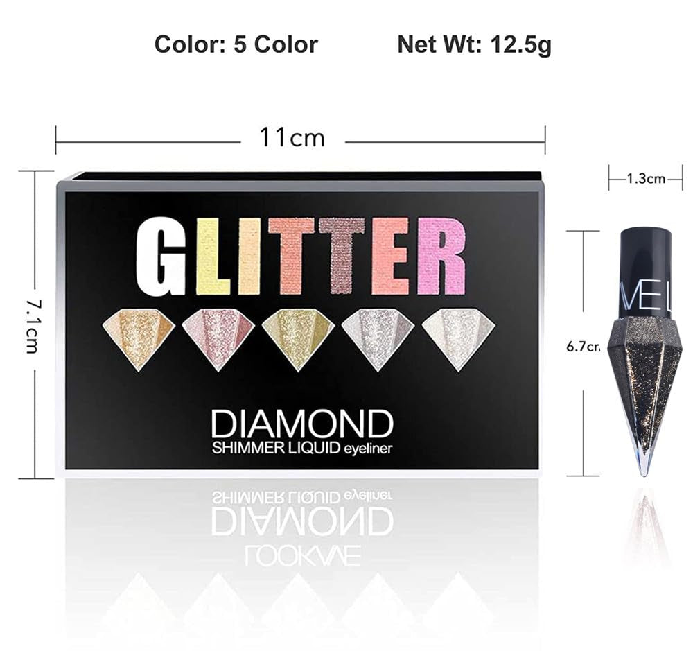 Glitter Eyeliner Set, 5 Colors Metallic Shimmer White Silver Brown Diamond Shine Eye Liner, Waterproof Long Lasting Glow Sparkle Eye Glitter Makeup