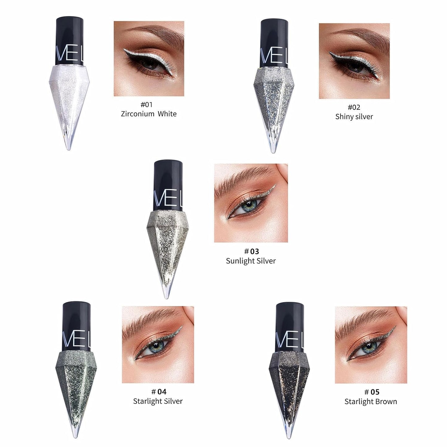 Glitter Eyeliner Set, 5 Colors Metallic Shimmer White Silver Brown Diamond Shine Eye Liner, Waterproof Long Lasting Glow Sparkle Eye Glitter Makeup