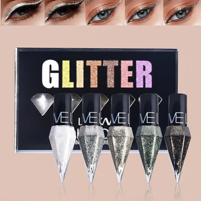 Glitter Eyeliner Set, 5 Colors Metallic Shimmer White Silver Brown Diamond Shine Eye Liner, Waterproof Long Lasting Glow Sparkle Eye Glitter Makeup